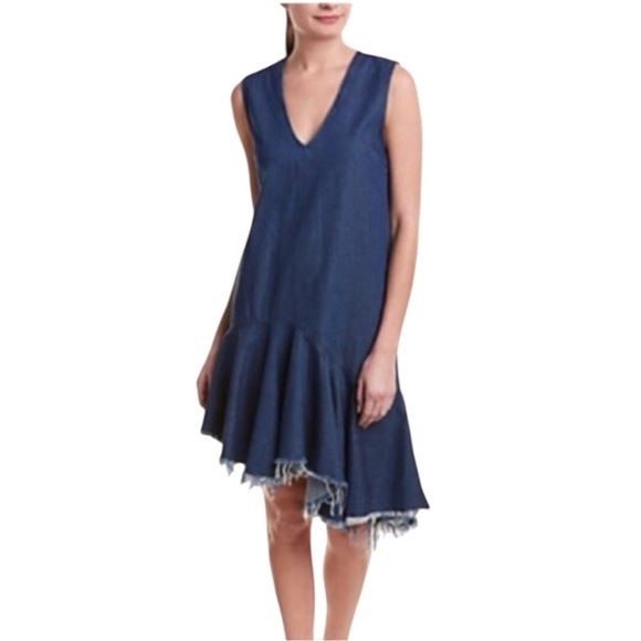 ANTHROPOLOGIE Cloth & Stone Asymmetrical Raw Hem Flounce Denim Dress Ruffle … - Picture 1 of 12